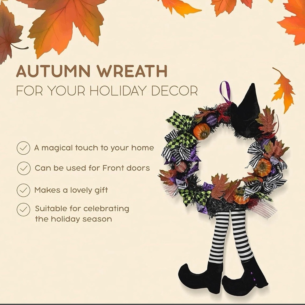 Autumn Witch Wreath with Black and Orange Accents